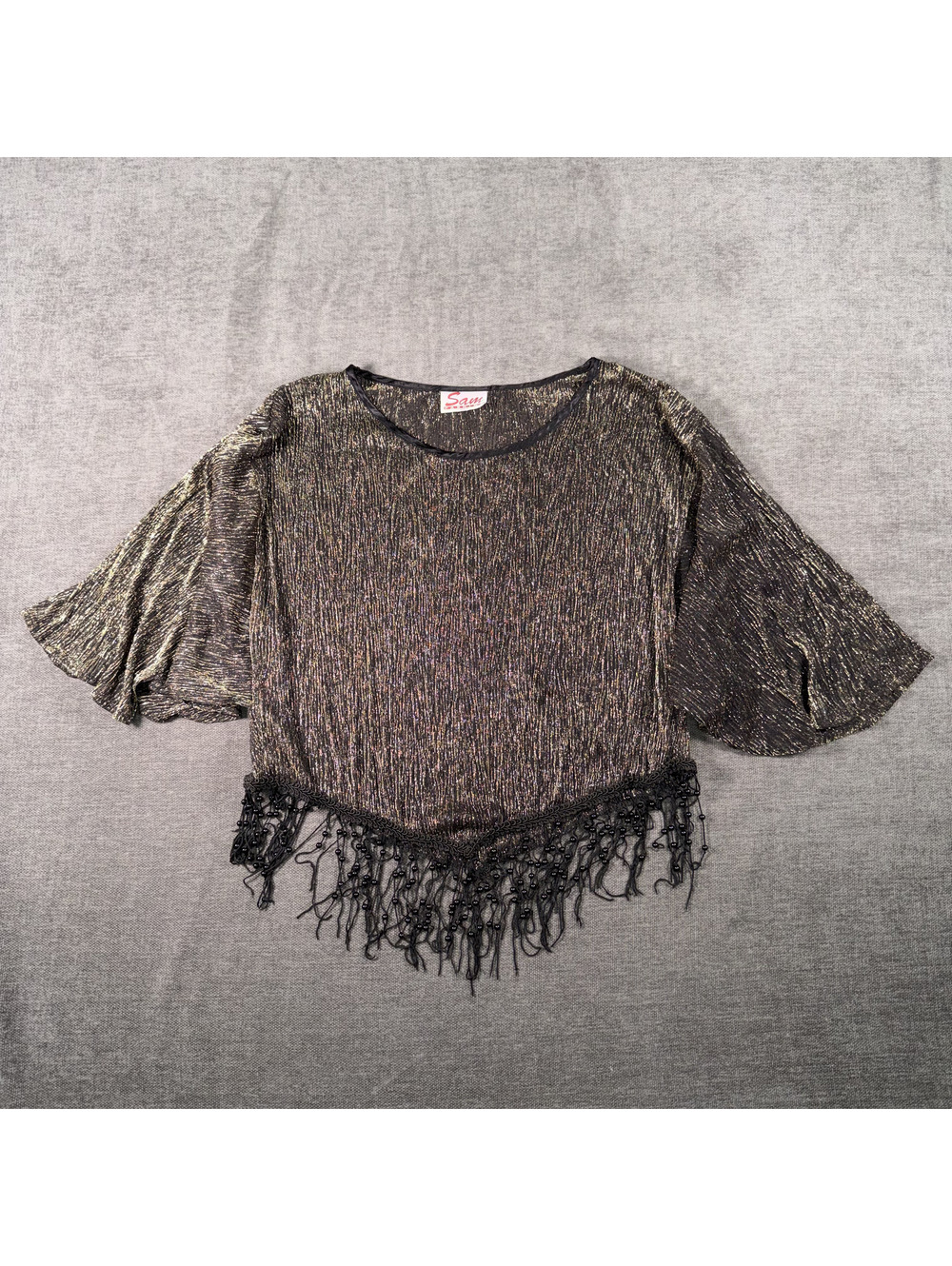 Vintage Sam Fashion Metallic Polyester Top with Beaded Fringe, XL